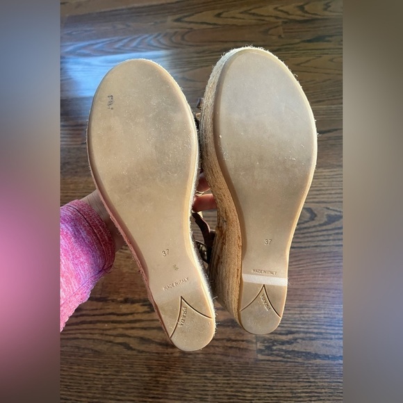 PRADA Patent Leather Espadrille Wedge Sandals Sz. 37 Gold/Brown Bow Accent - Picture 8 of 9